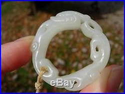 A Beautiful Antique Chinese White Jade Chilong Dragon Bi Disc Ring Pendant