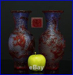 A BEAUTIFUL COUPLE antique CHINESE OVERLAID ETCHED GLASS DRAGON VASES REPUBLIC