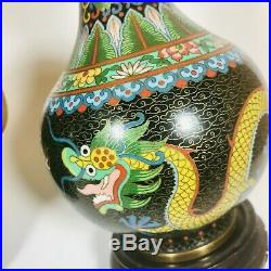 A Beautiful Pair Of Chinese Cloisonne Vases Of Dragons Chasing The Flaming Pearl