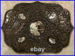 A Chinese Carved Soapstone'dragon & Phoenix' Mother Of Pearl Inlaid Tray. Qing