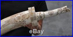 A Chinese Old Cattle Bone Carved Beast Head Dragon Loong Knife Sword Dagger Arms