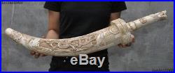 A Chinese Old Cattle Bone Carved Beast Head Dragon Loong Knife Sword Dagger Arms