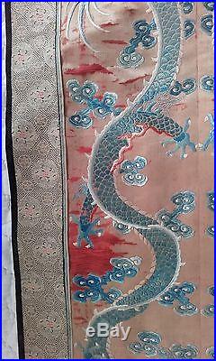 A Large Antique Chinese Silk Embroidered Panel / Banner Dragons