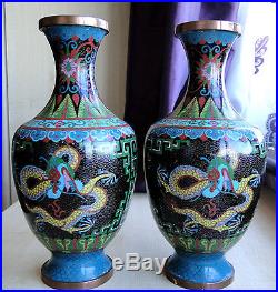 A Large Pair Of Antique Chinese Cloisonne Enamel On Copper Imperial Dragon Vases