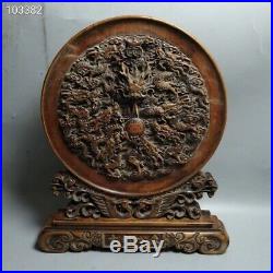 A Old Chinese Boxwood wood Hand carved Dragon Beads phoenix Screen Byobu Statue