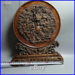 A Old Chinese Boxwood wood Hand carved Dragon Beads phoenix Screen Byobu Statue
