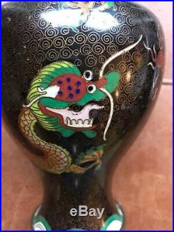 A Pair Of Antique 19th Century Chinese Cloisonné Dragon Vases Black Green Red
