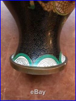 A Pair Of Antique 19th Century Chinese Cloisonné Dragon Vases Black Green Red