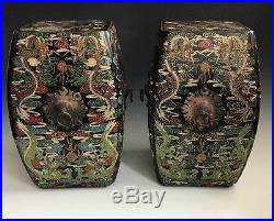 A Pair Of Antique Chinese Dragon Lacquered Garden Stools