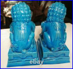 A Pair Of Asian Chinese Turquoise Porcelain Foo Lion Dogs Statues