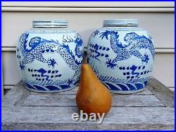 A Pair of Chinese Blue & White Porcelain Dragon Lidded Ginger Jars Post 1900