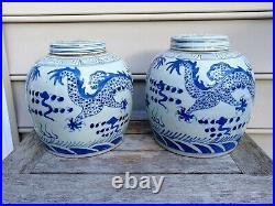 A Pair of Chinese Blue & White Porcelain Dragon Lidded Ginger Jars Post 1900