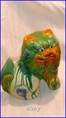 A Pair of Chinese Porcelain Foo-dog Yellow Glazed Statues Sculptures