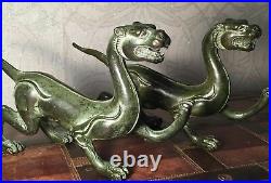 A Pair of Green Bronze Chinese Dragon Ornament Figurines