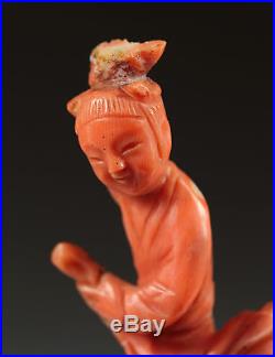 A Rare Chinese Antique Carved Coral Dragon and Kwan Yin with Carved Base