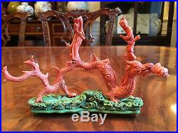 A Rare Chinese Antique Carved Coral Dragon and Kwan Yin with Carved Base