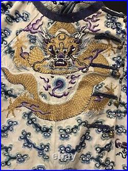 A Rare Imperial Embroidered White-ground Ten-Symbol Dragon Rob Jifu 19th Cen