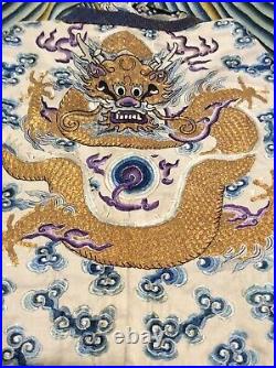 A Rare Imperial Embroidered White-ground Ten-Symbol Dragon Rob Jifu 19th Cen
