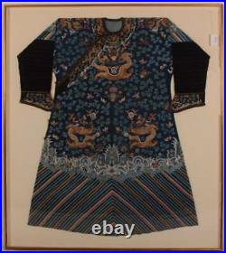 A Rare Qing Dynasty Embroidered Silk Dragon Robe, Framed. Early 19th C
