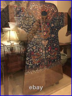 A Rare Qing Dynasty Embroidered Silk Dragon Robe with Matching Collar, Framed