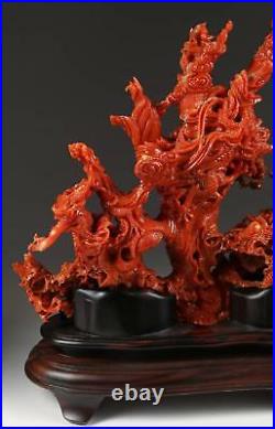 A Stunning Chinese Carved Coral Figural Group Guanyin, Dragons, Waves, Clouds