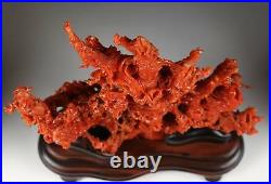 A Stunning Chinese Carved Coral Figural Group Guanyin, Dragons, Waves, Clouds