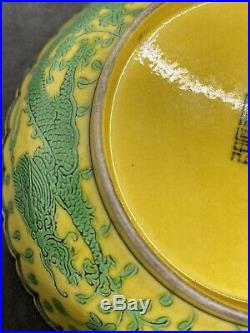 A Superb Pair Of Antique Chinese Yellow And Green Dragons Plates. Qianlong Mark