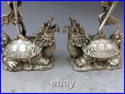 A pair Chinese Tibet Silver handcarved Dragon Turtle Crane Candlestick 21770