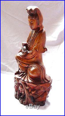 ANTIQUE 19c CHINESE PEAR WOOD CARVED STATUE OF QUAN-YIN SEATED ON DRAGON& LOTUS
