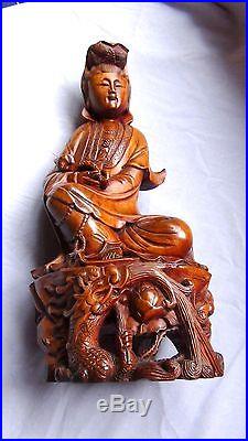 ANTIQUE 19c CHINESE PEAR WOOD CARVED STATUE OF QUAN-YIN SEATED ON DRAGON& LOTUS