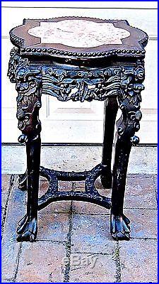 ANTIQUE 19c CHINESE ROSEWOOD URN 4 DRAGONS STAND WithMULTI-LOBED MARBLE INSET TOP