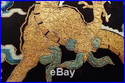 ANTIQUE 19c CHINESE SILK EMBROIDERED GOLD THREAD DRAGONS WALL HANGING PANEL