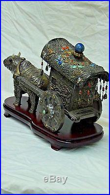 ANTIQUE 19c CHINESE SILVER&GILT WEDDING OX CARTDECORATED WithDRAGONS, BATS, FU-LIONS