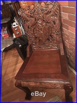 ANTIQUE 19c CHINESE TEAK WOOD CARVED HIGH RELIEF DRAGON DECORATION THRONE, CHAIR