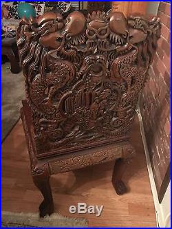 ANTIQUE 19c CHINESE TEAK WOOD CARVED HIGH RELIEF DRAGON DECORATION THRONE, CHAIR