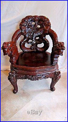 ANTIQUE 19c CHINESE WOOD CARVED DRAGONS ARM CHAIR, THRONE