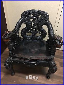 ANTIQUE 19c CHINESE WOOD CARVED DRAGONS ARM CHAIR, THRONE