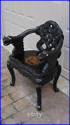 ANTIQUE 19c JAPANESE WOOD RELIEF DRAGON & CLOUDS MOTIF CARVED ARMCHAIR