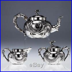 ANTIQUE 19thC CHINESE EXPORT SOLID SILVER 3 PIECE DRAGON TEA SET c. 1890