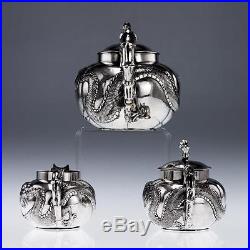 ANTIQUE 19thC CHINESE EXPORT SOLID SILVER 3 PIECE DRAGON TEA SET c. 1890