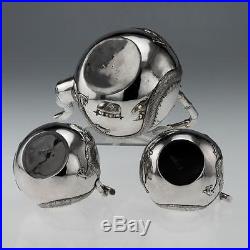 ANTIQUE 19thC CHINESE EXPORT SOLID SILVER 3 PS DRAGON TEA SET, WING CHEONG c1890