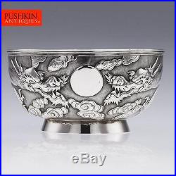 ANTIQUE 19thC CHINESE EXPORT SOLID SILVER DRAGON BOWL, KWONG MAN SHING c1890