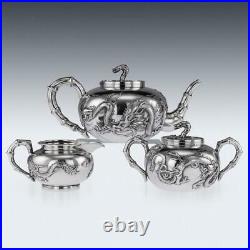 ANTIQUE 19thC CHINESE EXPORT SOLID SILVER DRAGON TEA SET, WANG HING c. 1890
