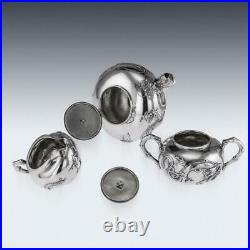 ANTIQUE 19thC CHINESE EXPORT SOLID SILVER DRAGON TEA SET, WANG HING c. 1890