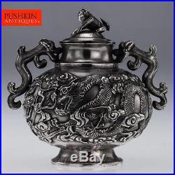 ANTIQUE 19thC CHINESE SOLID SILVER DRAGON SUGAR BOWL & COVER c. 1890