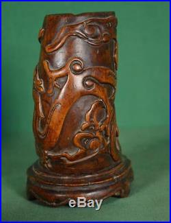 Antique Carved Wood Chinese Libation Cup With Dragon Design 18 19th Century