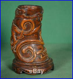 Antique Carved Wood Chinese Libation Cup With Dragon Design 18 19th Century