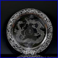 ANTIQUE CHINESE 19TH C LATE QING EXPORT SILVER DRAGON FOOTED PLATE 332 G