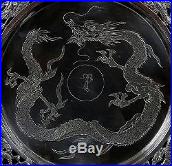 ANTIQUE CHINESE 19TH C LATE QING EXPORT SILVER DRAGON FOOTED PLATE 332 G