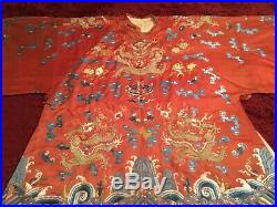 ANTIQUE CHINESE 19th c QI'ING SILK EMBROIDERED DRAGON ROBE JACKET EMBROIDERY